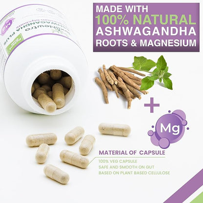 Ashwagandha with Magnesium Glycinate Supplement - 500mg Ashwagandha Root Extract & 110mg Bioavailable Magnesium - 60 Capsules