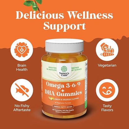 Vegetarian Omega 3 Gummies for Adults - Vegetarian Omega 3 6 9 DHA Gummies for Brain Bone and Heart Health and Joint Support - Burpless Fish Free Plant Based Supplement Men Women