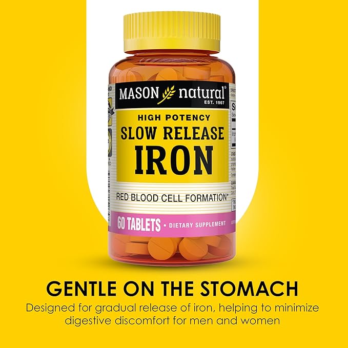 Mason Natural Slow-Release Iron (Ferrous Sulfate) 50 mg Tablets, 180 Day Supply, High Potency Supplement, Gentle on Stomach, 1-Pack