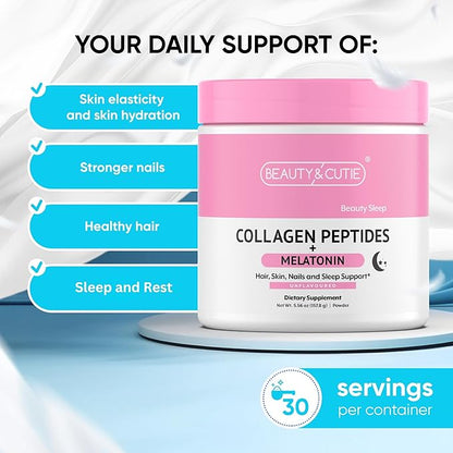Melatonin 5 mg with Collagen Peptides Powder, Grass Fed, Hair, Skin, Nails and Sleep Support, Non GMO, Gluten Free, Unflavored, 5.56 oz