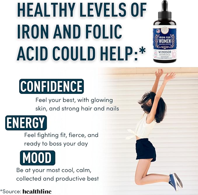 WINDSOR BOTANICALS Liquid Iron Supplements for Anemia - Folic Acid, Vitamin C, Vegan Blood Builder and Anemia Supplement - 2 oz Orange Flavor Gentle Iron Drops for Women