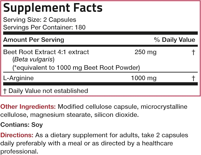 Bronson Beet Root + L-Arginine Nitric Oxide Production - Non-GMO, 360 Vegetarian Capsules
