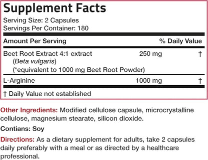 Bronson Beet Root + L-Arginine Nitric Oxide Production - Non-GMO, 360 Vegetarian Capsules