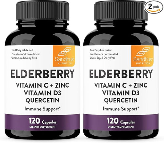 Sandhu's Elderberry Vitamin C & Zinc with Quercetin Capsules for Men & Women | Supports Immunity, Bone Health and Quality Sleep | 240 Count
