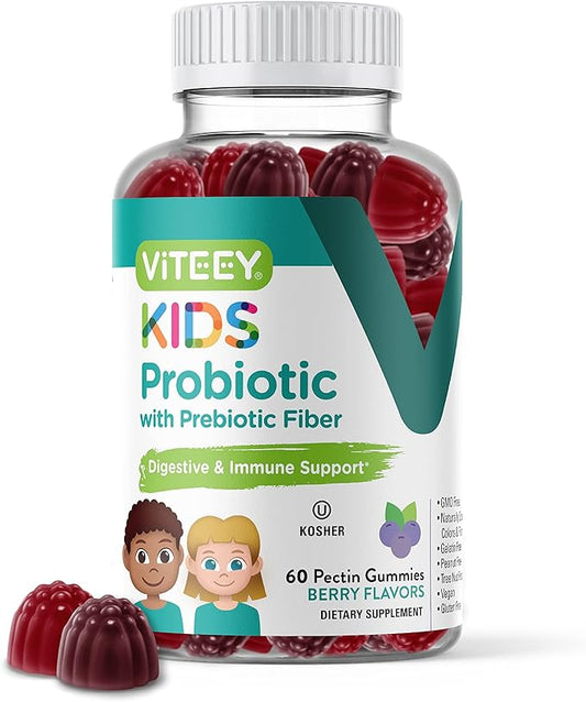 Probiotic Gummies for Kids Plus Prebiotics Fiber - 2 Billion CFUs - Digestive Health,Gut Health, Constipation Relief for Kids Support - Vegan, Gelatin Free - Chewable Probiotic Berry Flavored Gummy