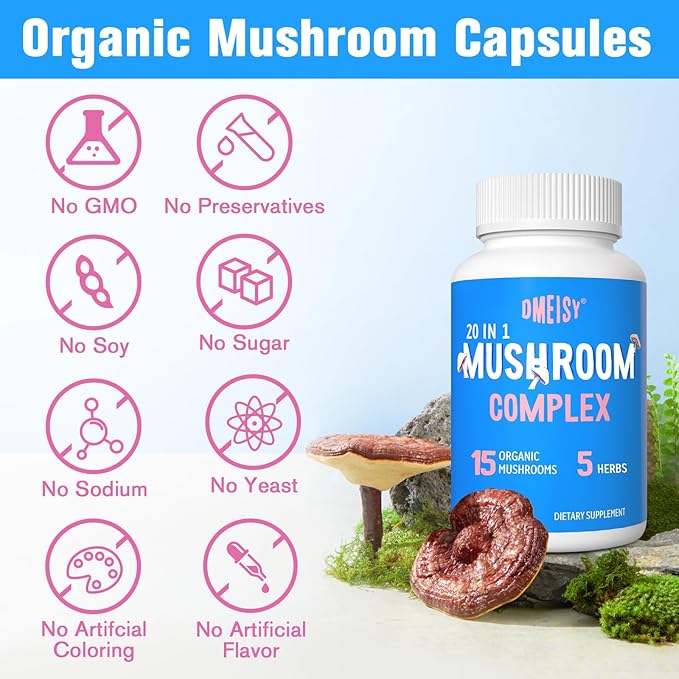 Mushroom Supplement 2600mg, 20-in-1 Mushroom Complex, with Lions Mane, Cordyceps, Reishi, Turkey Tail, Chaga - Brain Supplements for Memory and Focus, Memory Supplements, Mood, Immunity, 120 Capsule