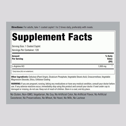 Piping Rock L-Arginine HCl 1000 mg | 120 Caplets | Mega Strength Supplement | Vegetarian, Non-GMO, Gluten Free