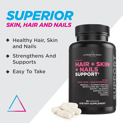 Livingood Daily Hair, Skin, & Nails Vitamins for Women & Men - 14-in-1 Nail & Hair Supplement Support Healthy, Soft, & Smooth Skin - Non-GMO & Gluten-Free Pills for Overall Hair, Skin & Nails Health