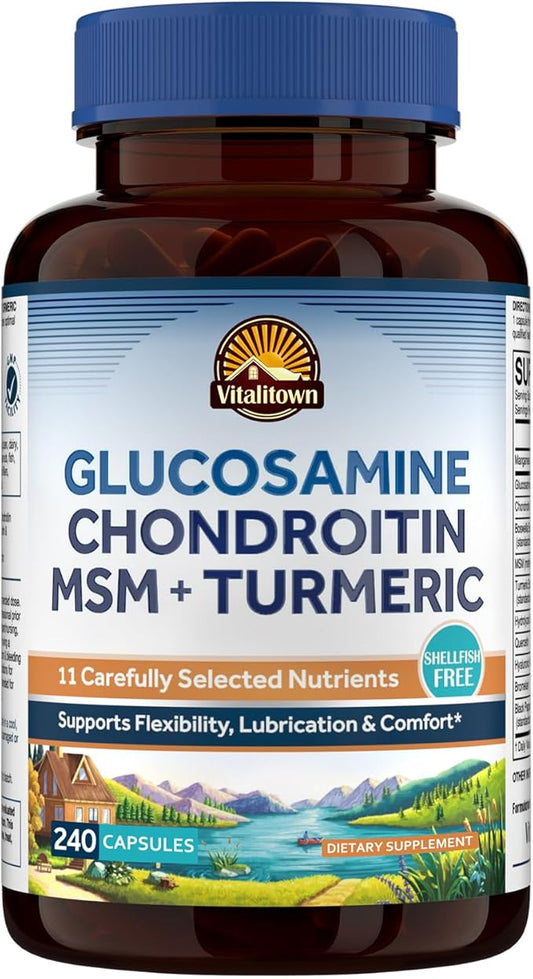 Vitalitown Glucosamine Chondroitin MSM, Turmeric, Collagen, Hyaluronic Acid, Boswellia, Quercetin, 11-in-1 Formula, Glucosamine Sulfate 1500 mg, No Shellfish, Flexibility & Comfort, 240 Caps