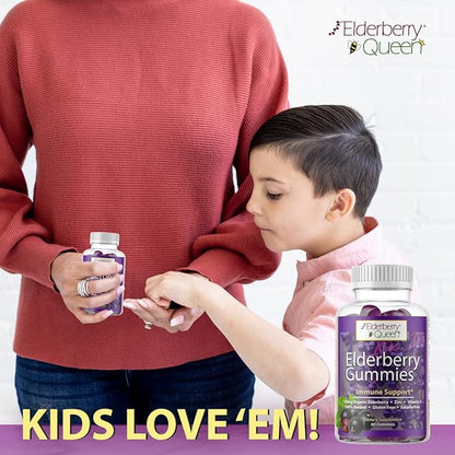 Elderberry Queen Organic Elderberry Gummies 60 ct - Immune Support Gummies with Vitamin C & Zinc - Elderberry Vitamin Gummies for Adults and Kids