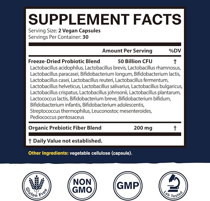 Probiotics 50 Billion, 23 Strains with Organic Prebiotics, Digestive & Immune Support, Freeze-Dried, Delayed-Release, Better Than a Dozen Yogurts, 60 Vegan Caps