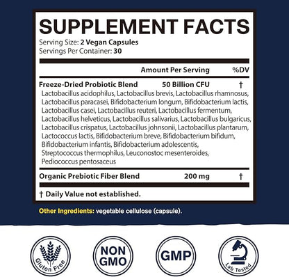 Probiotics 50 Billion, 23 Strains with Organic Prebiotics, Digestive & Immune Support, Freeze-Dried, Delayed-Release, Better Than a Dozen Yogurts, 60 Vegan Caps