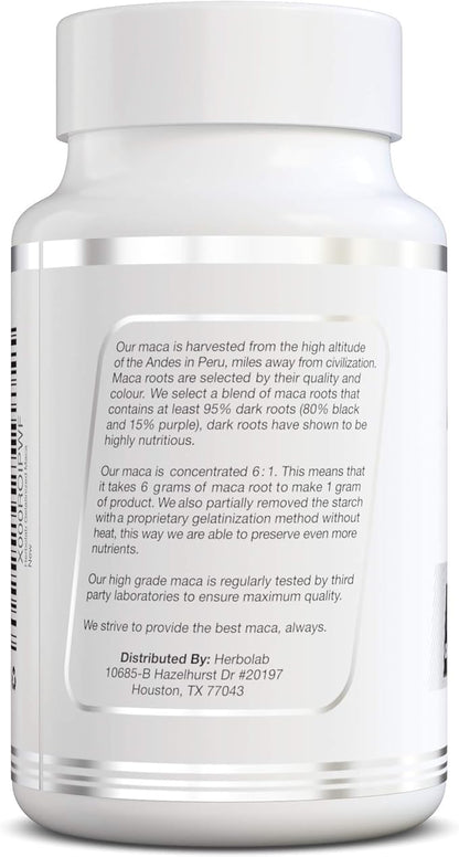 Peruvian Maca Root Powder Capsules for Men and Women with Organic Black Maca, Red Maca, Yellow Maca Root Extract Capsules, Gelatinized 2000 mg Per Day, Lepidium Meyenii, Peruvian Ginseng, Vegan Pills
