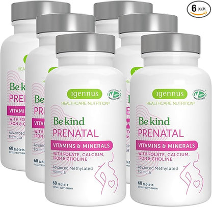 Igennus Methylated Prenatal Multivitamin for Women, Folate for MTHFR, High Absorption, Clean Label, Gentle Iron, Choline, Calcium & Magnesium, Vegan Pregnancy Vitamins, Halal, Non-GMO, 60 Tablets x6