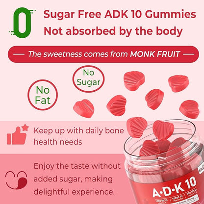 Vitamin D3 10000 IU + K2 (MK7) 500mcg + A 5000IU Gummies w/ Magnesium Calcium for Women & Men, Vegan K2 D3 Vitamin Supplement (Made in USA) for Stronger Bone, Muscle, Vision, Immune, Sugar Free 2Packs