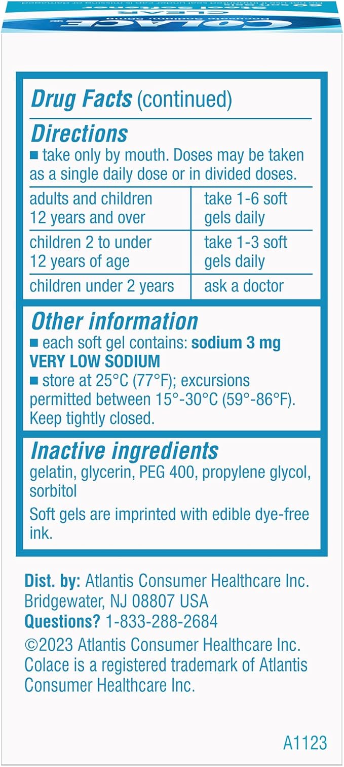 Colace Clear Stool Softener Soft Gel Capsules Constipation Relief 50mg Docusate Sodium Doctor Recommended 60ct