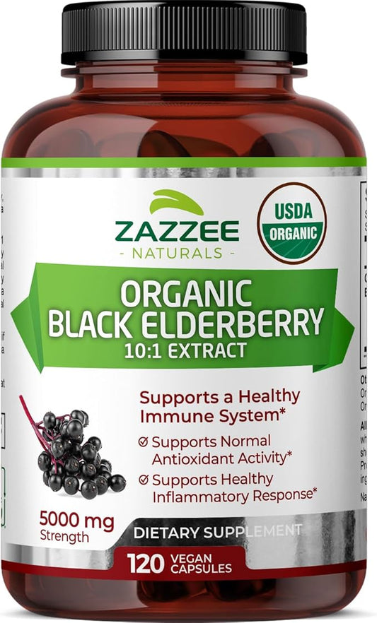 Zazzee USDA Organic Black Elderberry 10:1 Extract, 5000 mg Strength, 120 Vegan Capsules, 2 Month Supply, Standardized, Concentrated 10X Extract, 100% Vegetarian, All-Natural, Non-GMO, Made in The USA