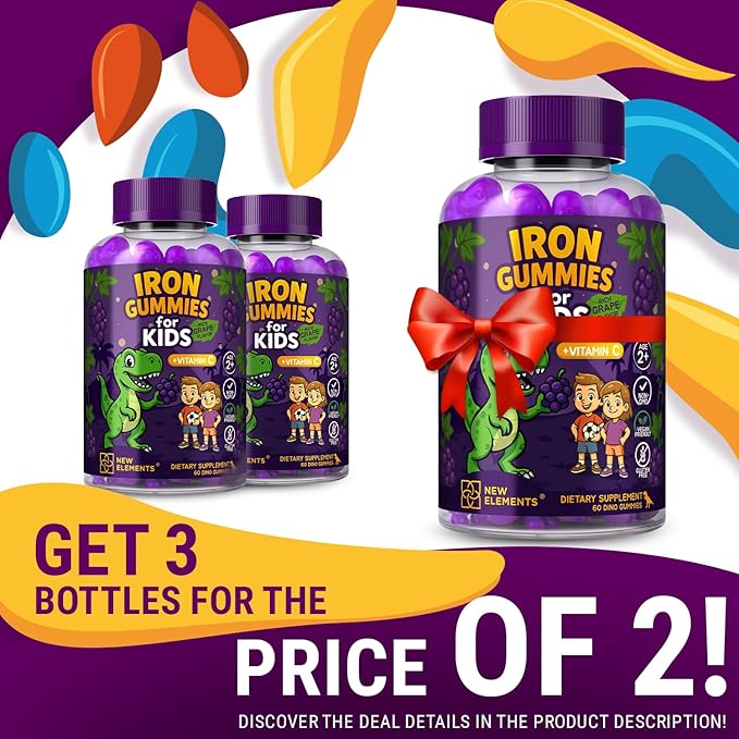 New Elements Iron Dinosaur Gummies for Kids with Vitamin C | Sugar-Free, Vegan, Gluten-Free & Non-GMO | Anemia Relief, Energy & Blood Health Support | Grape Flavor, Pectin-Based for Optimal Health
