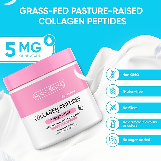 Melatonin 5 mg with Collagen Peptides Powder, Grass Fed, Hair, Skin, Nails and Sleep Support, Non GMO, Gluten Free, Unflavored, 5.56 oz