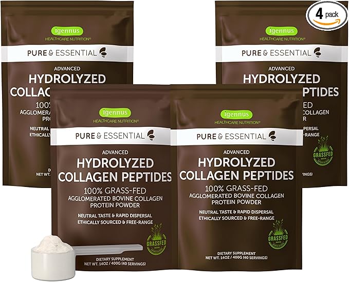 Igennus 100% Grass Fed Bovine Collagen Protein Powder, Highest Grade Hydrolyzed Collagen Peptides, for Types 1, 2 & 3, Women & Men, Non-GMO, Free Range, Clean Label, Easy Mix, 4 x 40 Servings