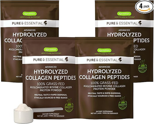 Igennus 100% Grass Fed Bovine Collagen Protein Powder, Highest Grade Hydrolyzed Collagen Peptides, for Types 1, 2 & 3, Women & Men, Non-GMO, Free Range, Clean Label, Easy Mix, 4 x 40 Servings