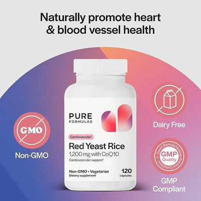 PureFormulas Extra Strength Red Yeast Rice 1200mg with CoQ10 100mg, Cholesterol Support Supplement, Citrinin-Free, Non-GMO, Gluten-Free, 120 Capsules (2 Months Supply)
