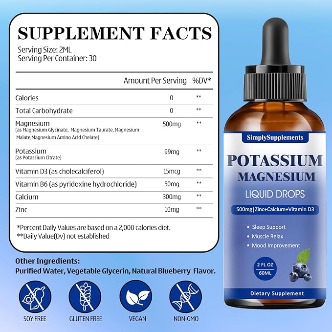 Potassium Magnesium Supplement - Potassium 99mg & 500mg Magnesium Glycinate Complex Liquid Drops with Calcium, Zinc, Vitamin B6, D3 - Energy & Bone & Muscle Support - 2 Fl oz