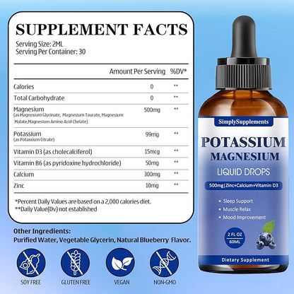 Potassium Magnesium Supplement - Potassium 99mg & 500mg Magnesium Glycinate Complex Liquid Drops with Calcium, Zinc, Vitamin B6, D3 - Energy & Bone & Muscle Support - 2 Fl oz