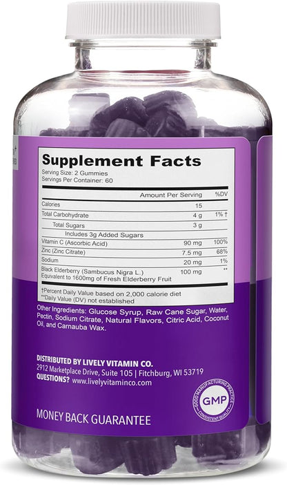 LIVELY VITAMIN CO. Elderberry Burst Gummies for Kids & Adults - Boosts Immune Health - Helps Avoid Colds & Illness - Black Elderberry, Vitamin C & Zinc - 3 Grams of Sugar - No Gelatin - 120 Gummies