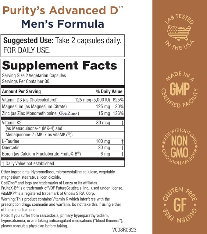 Purity Products Dr. Cannell's Advanced Vitamin D Men's Formula Packed with Vitamin D, Vitamin K2, Zinc, Magnesium Citrate, Boron and Taurine - 60 Vegetarian Capsules