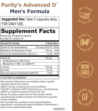 Purity Products Dr. Cannell's Advanced Vitamin D Men's Formula Packed with Vitamin D, Vitamin K2, Zinc, Magnesium Citrate, Boron and Taurine - 60 Vegetarian Capsules