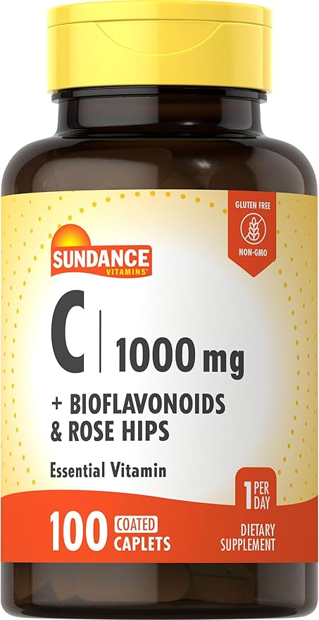 Sundance Vitamin C 1000mg with Bioflavonoids & Rose Hips | 100 Coated Caplets | Vegetarian, Non-GMO and Gluten Free Supplement