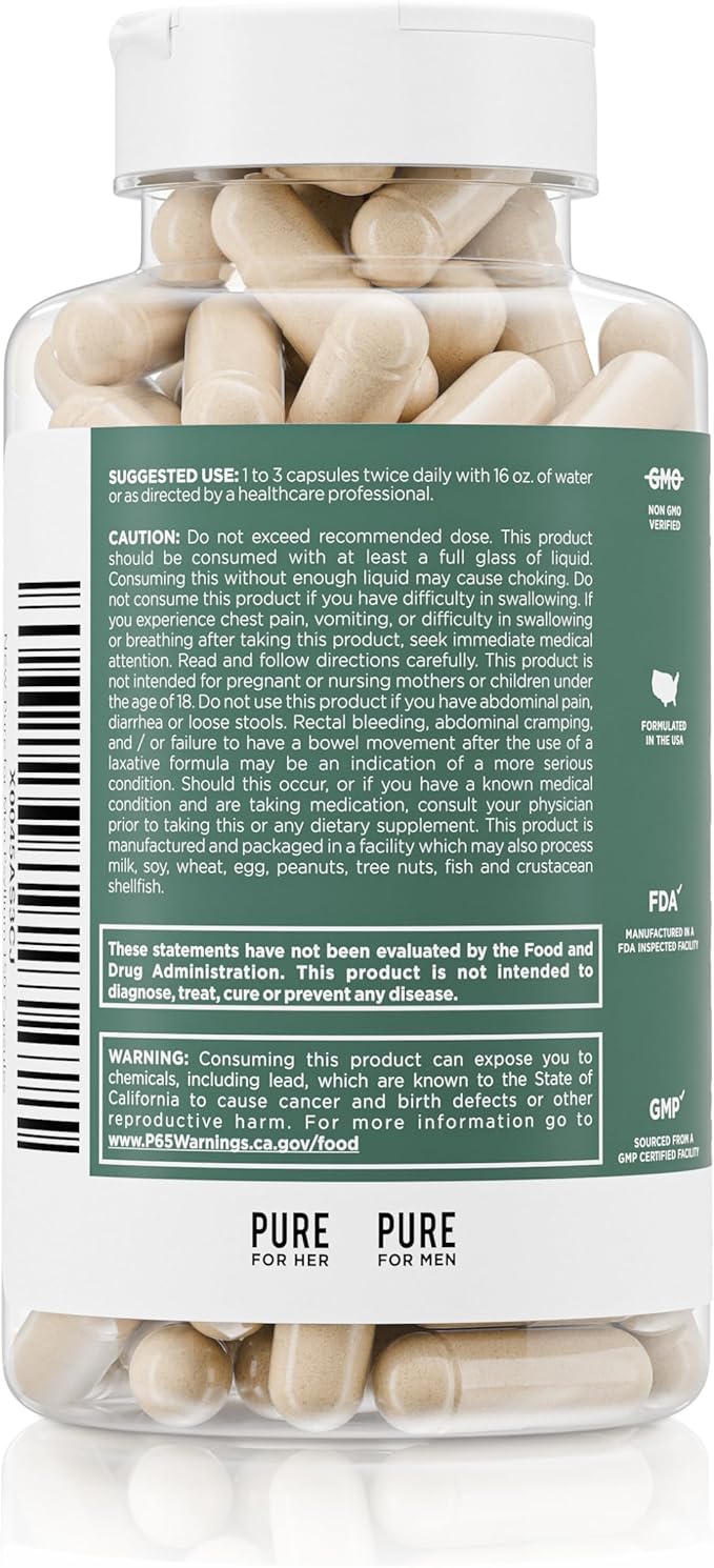 Daily Psyllium Husk Fiber Supplement by Pure for Men & Pure for Her | Digestive Regularity & Gut Health Support | Soluble Fiber Powder, 2,175mg Per Serving | 150 Capsules
