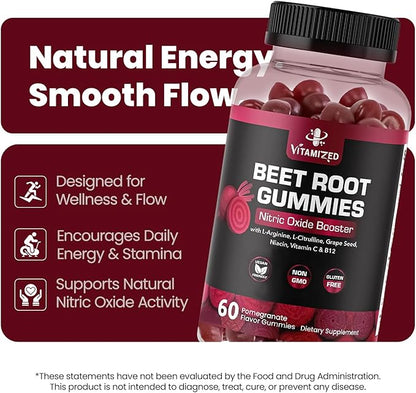 Beet Root Gummies - Super Nitric Oxide Beets Supplement - Red Beetroot Heart Chews with Grape Seed Power & B12- Pomegranate Flavor, 60 Chewables Beets