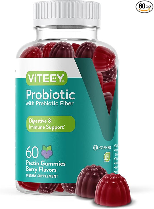 Viteey Probiotic Gummies with Prebiotics – Gut Health Supplements for Digestive Health – 2 Billion CFUs – Vegan, Gluten-Free – 60 Count