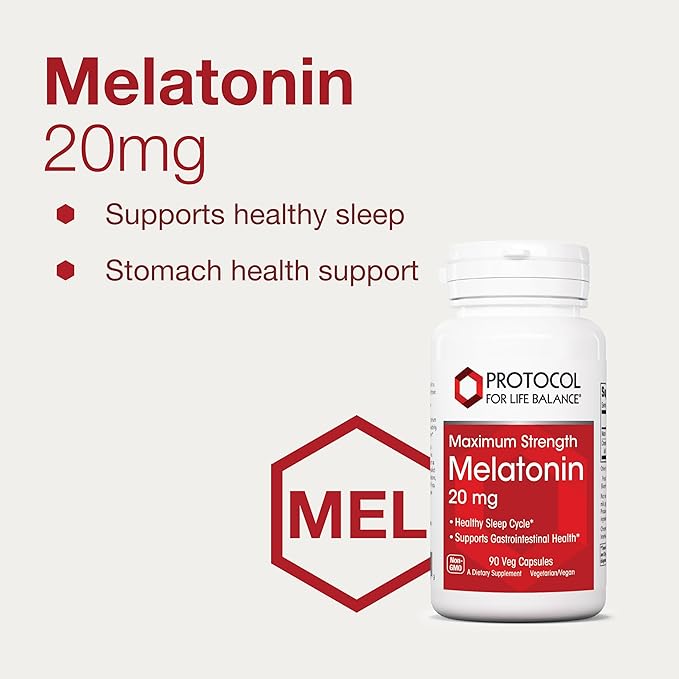 PROTOCOL FOR LIFE BALANCE Melatonin Maximum Strength - 20 mg Melatonin - Sleeping Support for Adults - Daily Immune Support - Pineal Gland Aid - Vegan & Non-GMO - 90 Veg Capsules