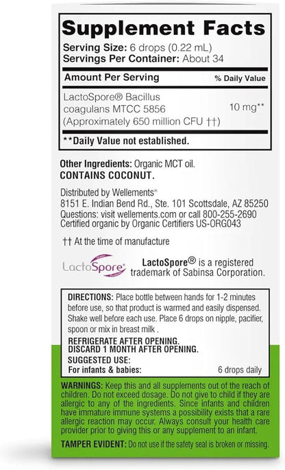 Wellements Organic Baby Probiotic Drops (0.25 Fl Oz) - Digestive & Immune Support for Infants - Toddler Probiotic Helps with Newborn+ Gut Health, Gas, Constipation & Colic Support - Preservative Free