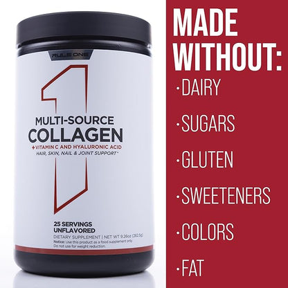 Rule 1 Multi-Source Collagen Powder - Bovine, Chicken, Fish & Eggshell Collagen Sources + Hyaluronic Acid & Vitamin C for Hair, Skin, & Nail Support (25 Servings, Unflavored)