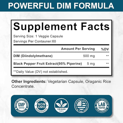 DIM 500MG Supplement Ultra Formula – Hormone Metabolism & Estrogen Balance Support for Women & Men – Diindolylmethane with Black Pepper Extract for Maximum Absorption – Vegan & Soy-Free – 60 Capsules