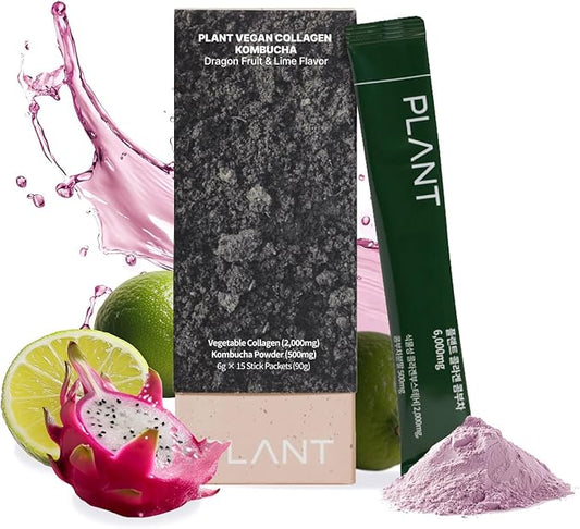 PLANT Vegan Collagen Peptide Kombucha Powder Probioitics & Vitamin C | Tripeptide Vegetarian Collagen Booster 2000mg, Dragonfruit Lime | 15 Packets, Gut & Skin Health Anti-Aging Hydration Drink Mix