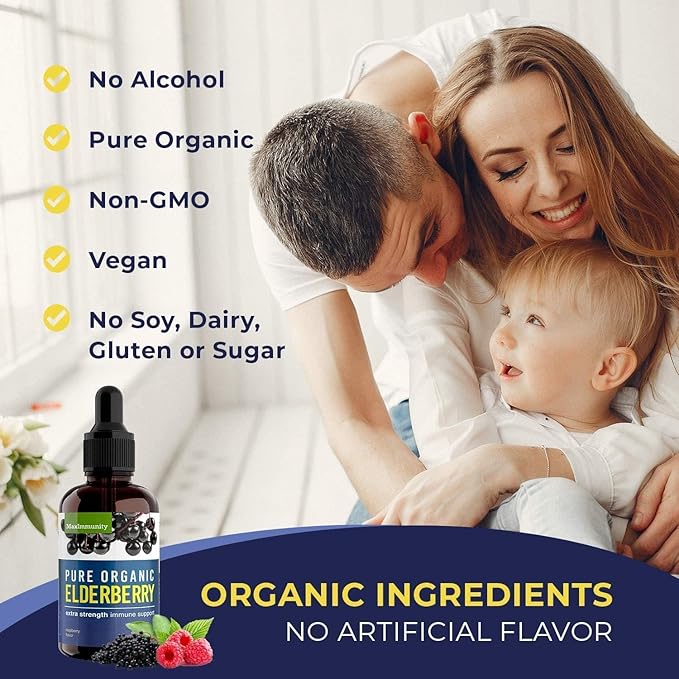 Organic Elderberry Syrup, 60 Day Supply, Black Liquid Drops for Immune Support, Sambucus Elderberry Syrup - Liquid Extract Drops for Kids & Adults - Extra Strength (2 Pack)