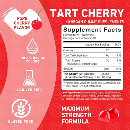Tart Cherry Gummies – Uric Acid Flush for Joint Relief & Recovery, Raw Juice Extract Antioxidant – Non-GMO, Gluten Free, Vegan, 60 Count