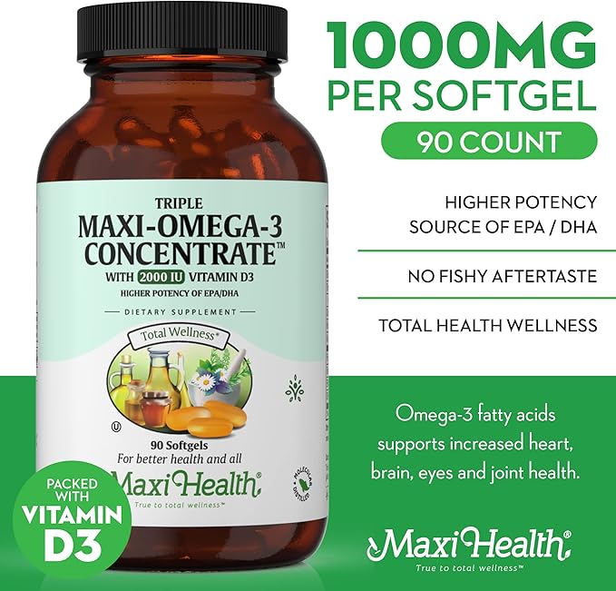 Maxi Health Omega 3 Supplement - Omega-3 Fish Oil Triple Concentrate w/ Vitamin D3 - Potent Source of EPA / DHA Fatty Acids - Heart, Brain, Joint Health - Kosher Wild Caught Marine Fish - 90 Softgels