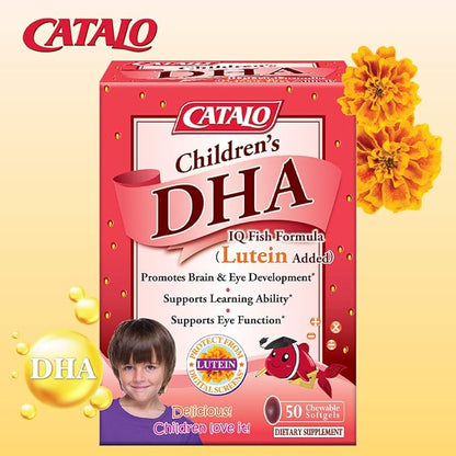 CATALO Children’s DHA IQ Formula with Lutein from Marigold Extract - Omega 3 for Kids, Yummy Strawberry Flavored Chewable Softgels with 200 mg of DHA and 42 mg of EPA - Made in USA