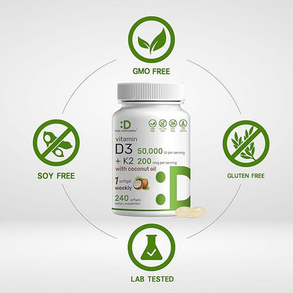 DEAL SUPPLEMENT Vitamin D3 50,000 IU + K2 MK7 200 mcg,240 Softgels | Virgin Coconut Oil, Max Strength Vitamin D & K, Promotes Heart, Bone, & Teeth Health – One Softgel Weekly, Easy to Swallow