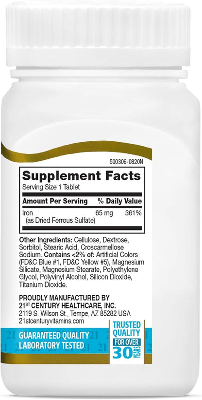 21st Century Iron 65 mg Ferrous Sulfate 325 mg Tablets, 120 Count