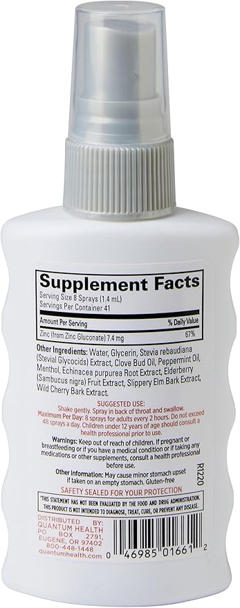 Quantum Health TheraZinc Oral Spray, Made with Zinc Gluconate for Immune Support and Throat Relief in a Soothing Spray, 2 Oz.