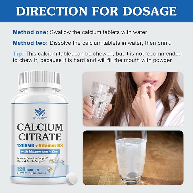 Calcium Citrate 1200mg Supplement with Vitamin D3 for Women and Men - Calcium Magnesium Zinc D3 Supplement for Bone, Teeth, Immune Support, Vegan-Friendly - 120 Tablets