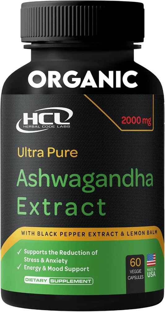 Organic Ashwagandha Capsules 2000 MG Root Powder Extract with Black Pepper & Lemon Balm 2 Month Supply - Natural Way to Relieve Stress