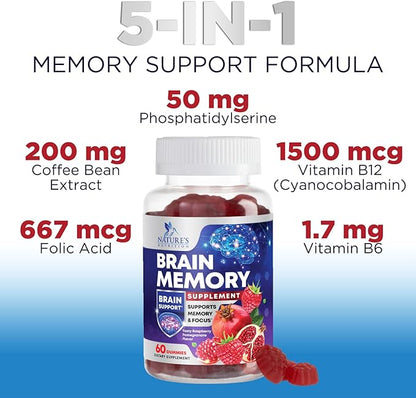 Brain Supplement Gummies for Concentration Memory & Focus Support - Brain Clarity Health with B6 B12, Phosphatidylserine, Coffee Extract, Nootropics Cognitive Vitamins for Adults - 60 Vegan Gummies